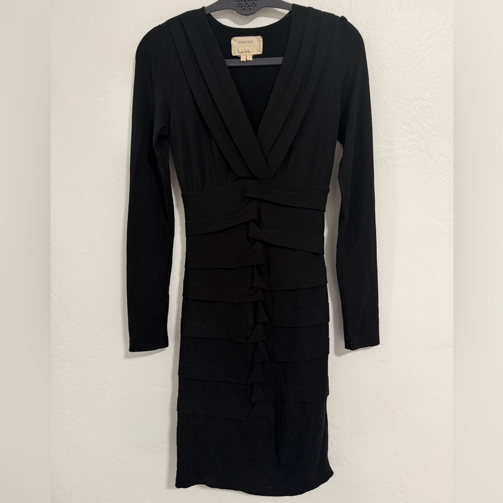 Nicole Miller Atelier Little Black Bandage Dress Long Sleeve V-Neck Bodycon XS - Picture 2 of 11